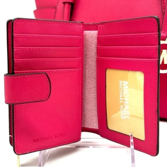 Michael Kors Large Charlotte Tote Bag & MD Bifold Zip Chain Wallet Electric Pink - Picture 13 of 14